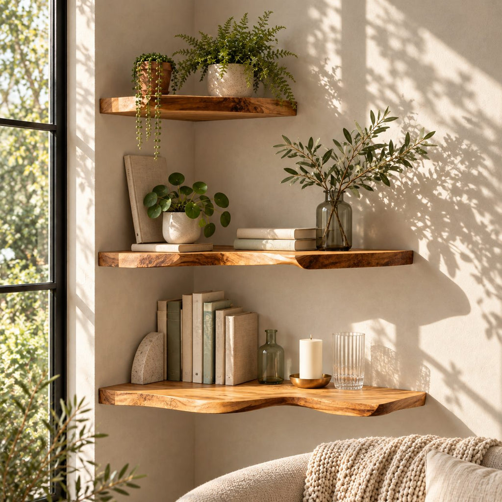 Live Edge Corner Floating Shelf, Solid Wood Wall Corner Shelf with Natural Wavy Edge for Living Room