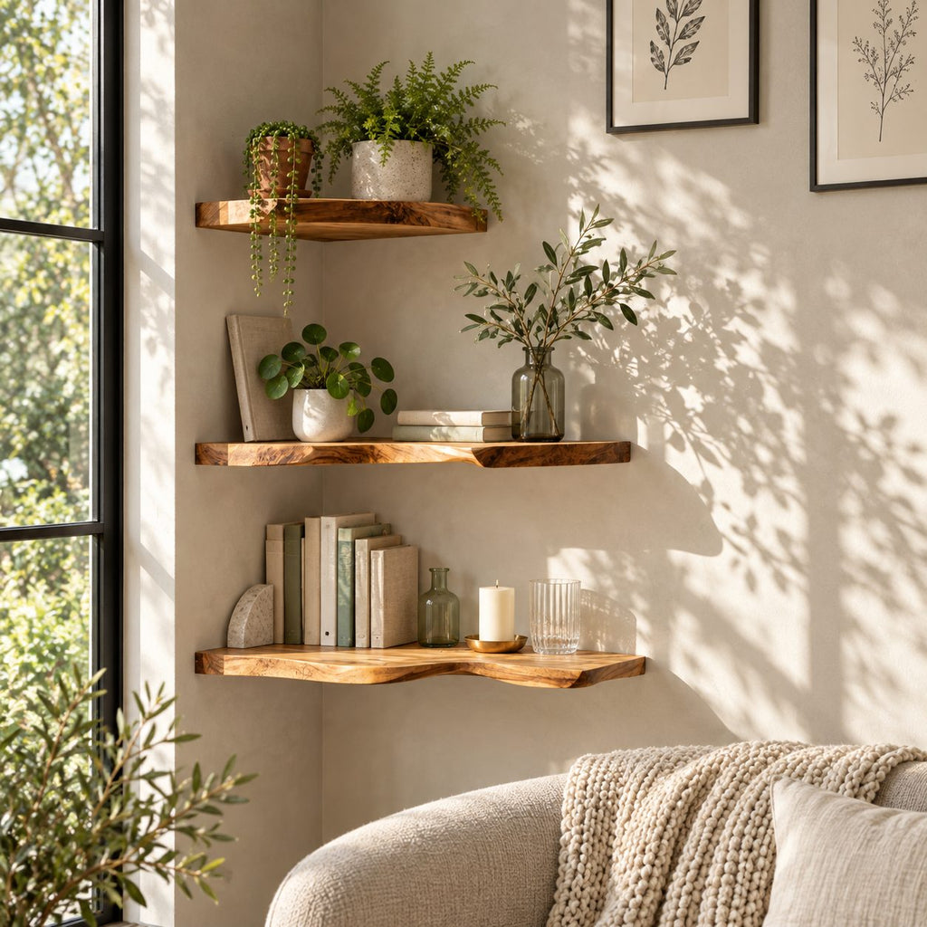Live Edge Corner Floating Shelf, Solid Wood Wall Corner Shelf with Natural Wavy Edge for Living Room