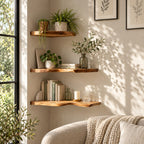 Live Edge Corner Floating Shelf, Solid Wood Wall Corner Shelf with Natural Wavy Edge for Living Room