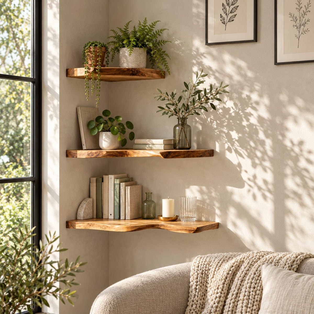 Live Edge Corner Floating Shelf, Solid Wood Wall Corner Shelf with Natural Wavy Edge for Living Room