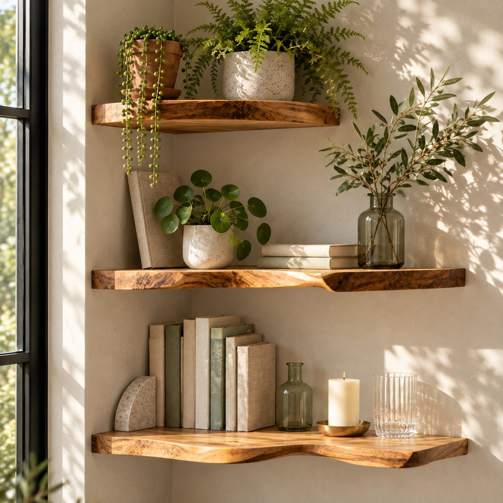 Live Edge Corner Floating Shelf, Solid Wood Wall Corner Shelf with Natural Wavy Edge for Living Room