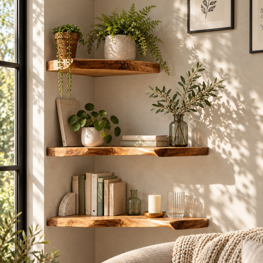 Live Edge Corner Floating Shelf, Solid Wood Wall Corner Shelf with Natural Wavy Edge for Living Room