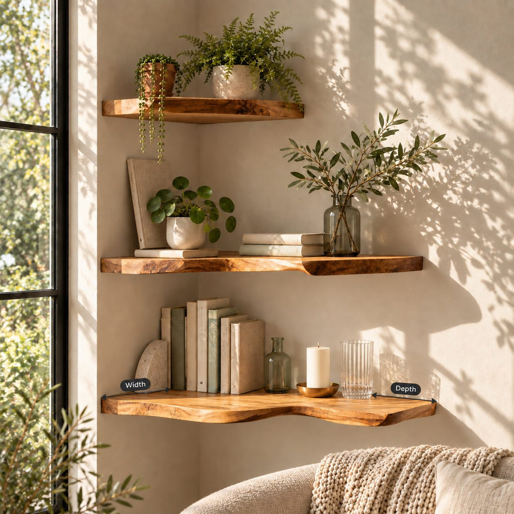 Live Edge Corner Floating Shelf, Solid Wood Wall Corner Shelf with Natural Wavy Edge for Living Room