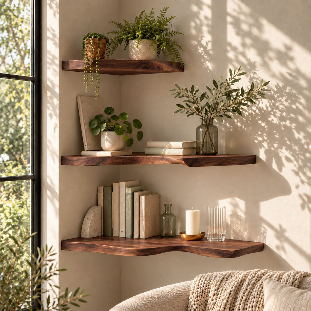 Live Edge Corner Floating Shelf, Solid Wood Wall Corner Shelf with Natural Wavy Edge for Living Room