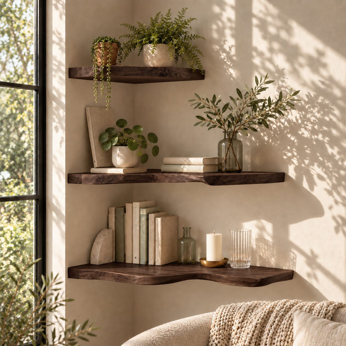 Live Edge Corner Floating Shelf, Solid Wood Wall Corner Shelf with Natural Wavy Edge for Living Room