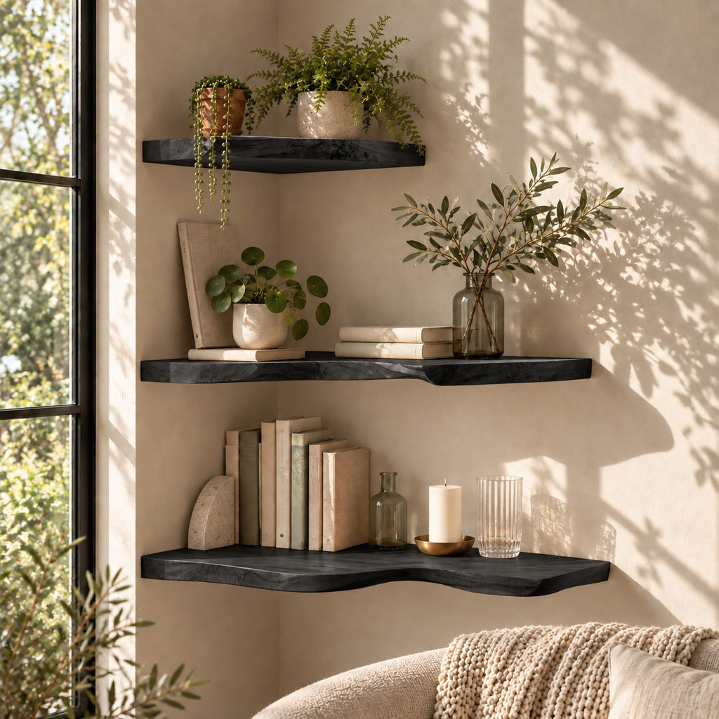 Live Edge Corner Floating Shelf, Solid Wood Wall Corner Shelf with Natural Wavy Edge for Living Room