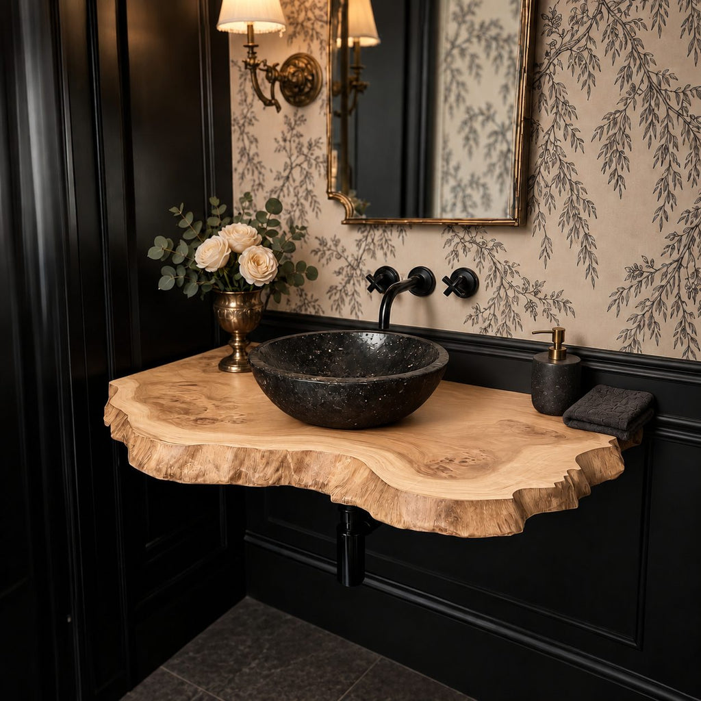 Floating Bathroom Vanity 16-48 Inch, Live Edge Solid Wood Wall-Mounted Vanity Top with Wavy Natural Edge