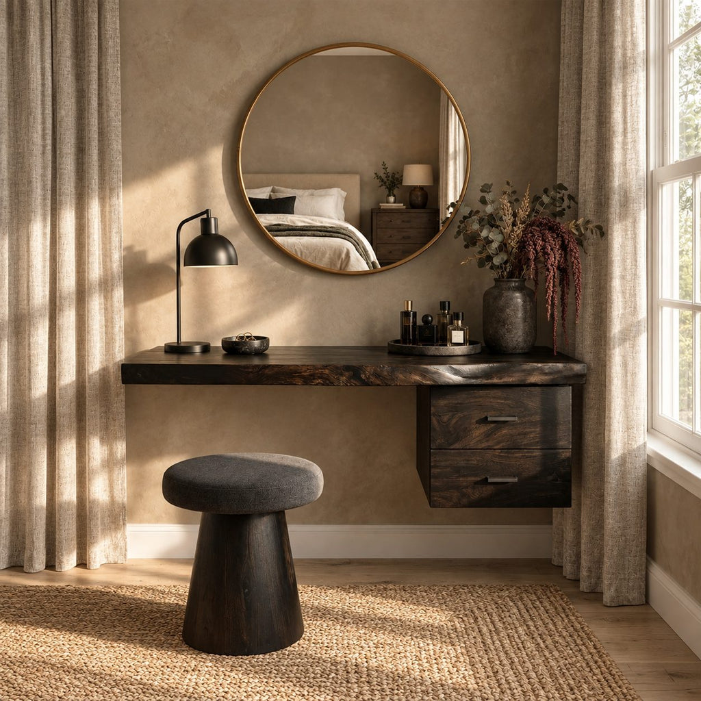 Floating Dressing Table with Two Drawers, Solid Wood Wall-Mounted Makeup Vanity Desk for Bedroom
