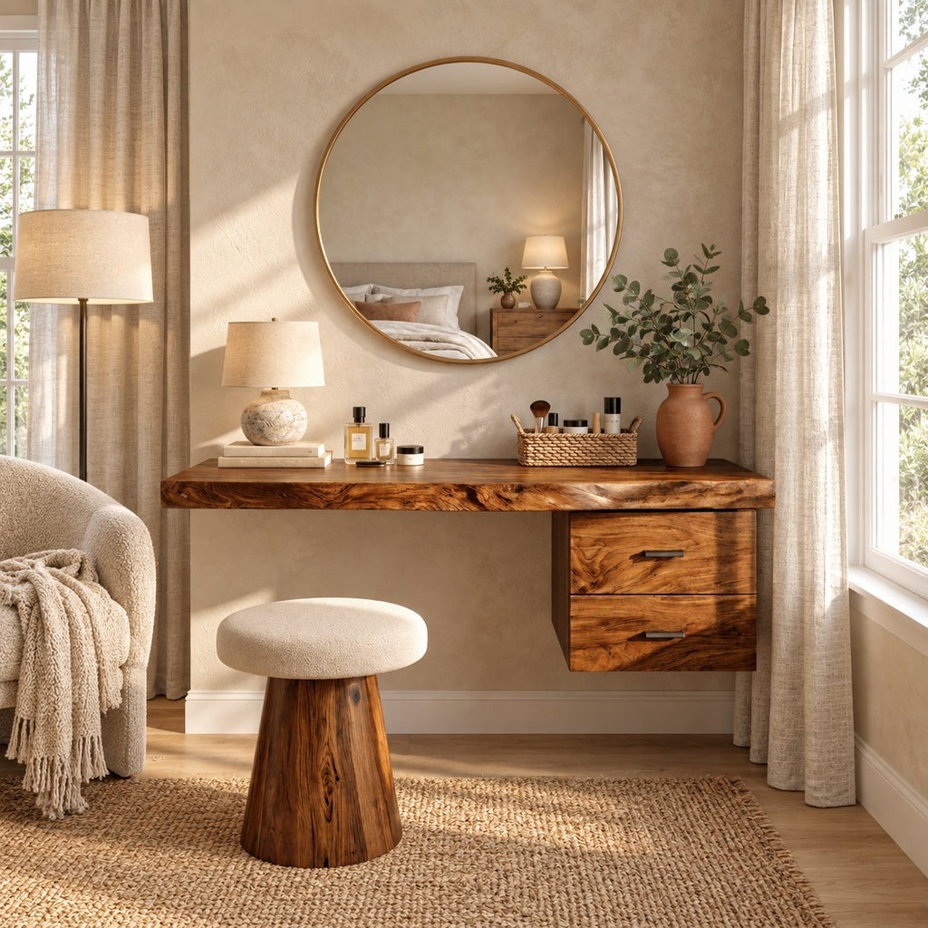 Floating Dressing Table with Two Drawers, Solid Wood Wall-Mounted Makeup Vanity Desk for Bedroom