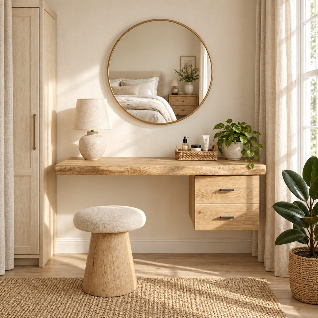 Floating Dressing Table with Two Drawers, Solid Wood Wall-Mounted Makeup Vanity Desk for Bedroom