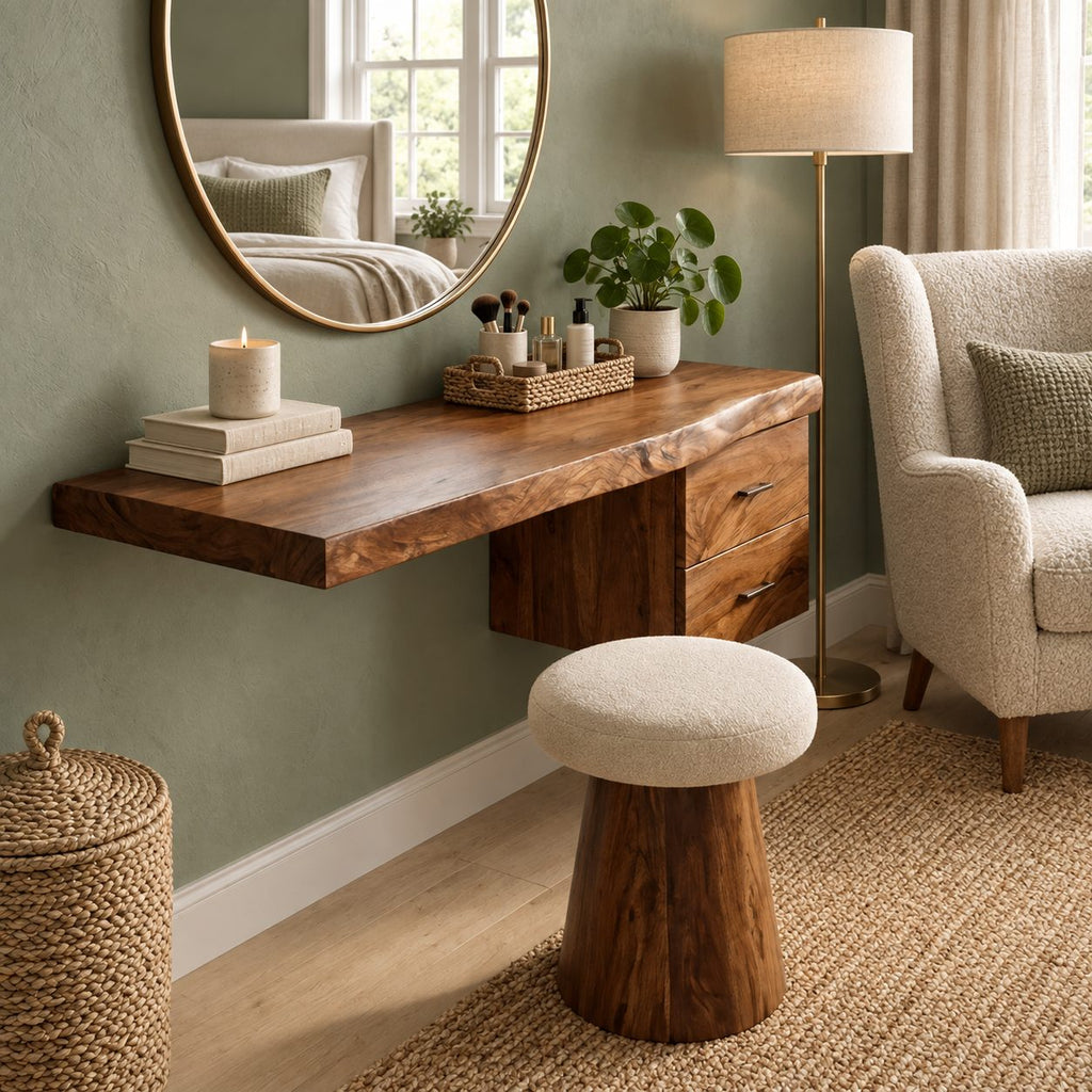 Floating Dressing Table with Two Drawers, Solid Wood Wall-Mounted Makeup Vanity Desk for Bedroom