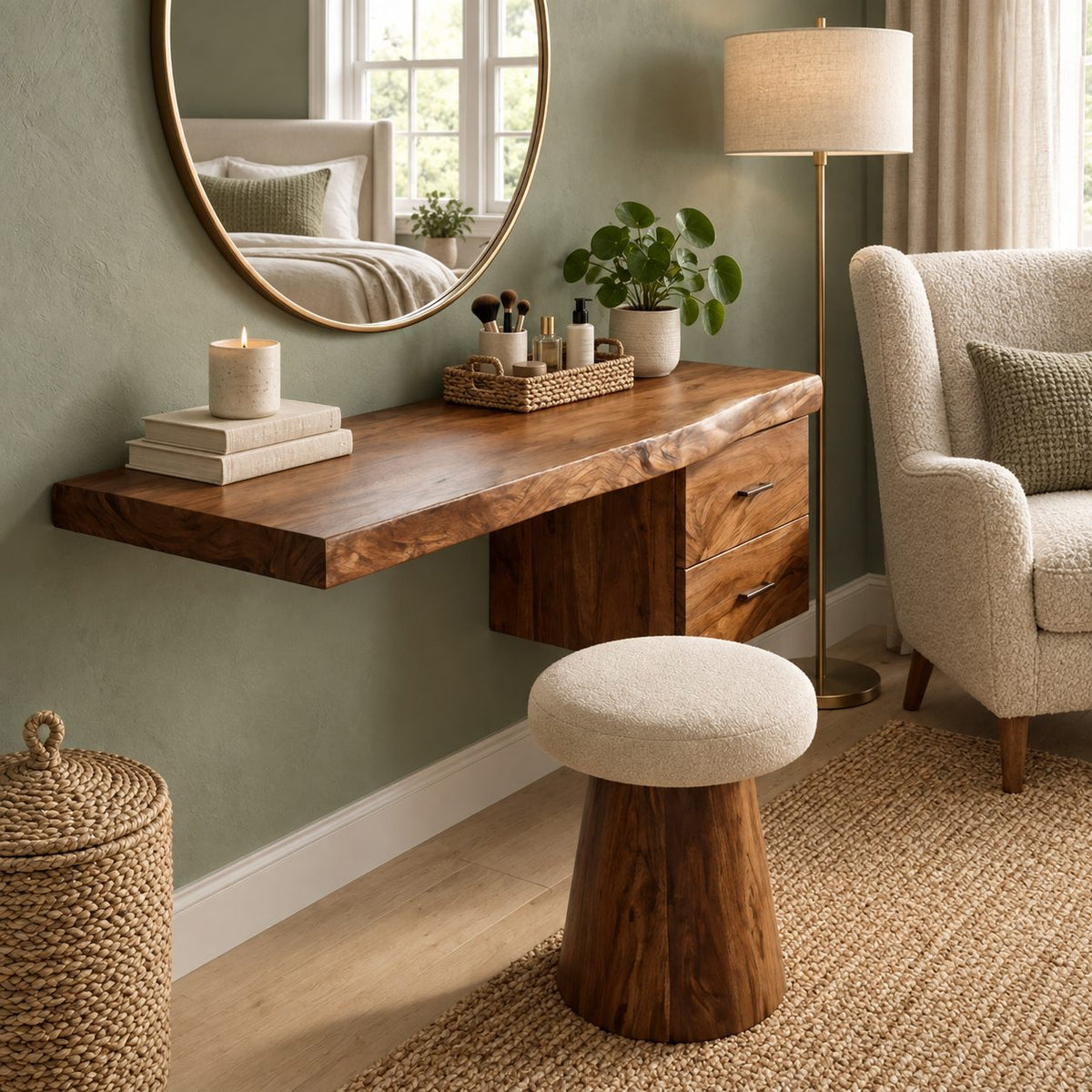 Floating Dressing Table with Two Drawers, Solid Wood Wall-Mounted Makeup Vanity Desk for Bedroom