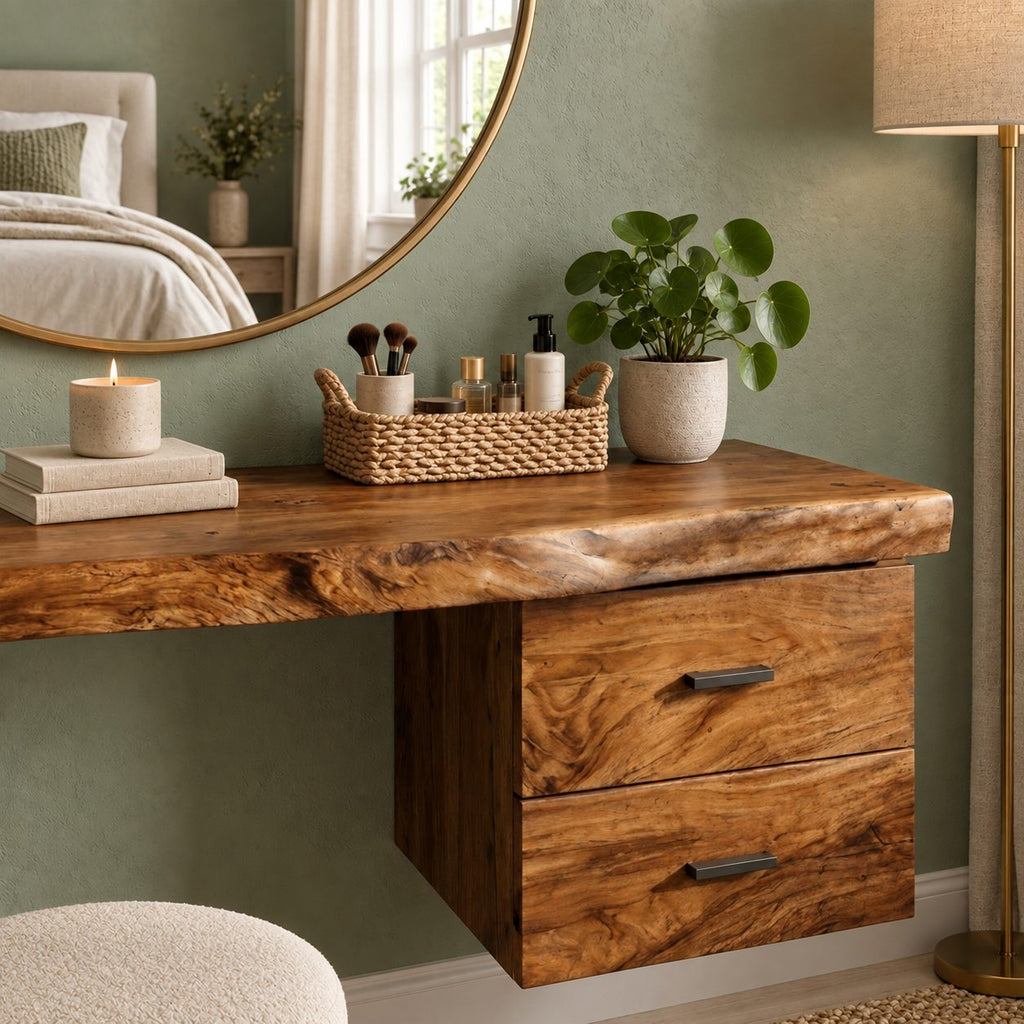Floating Dressing Table with Two Drawers, Solid Wood Wall-Mounted Makeup Vanity Desk for Bedroom