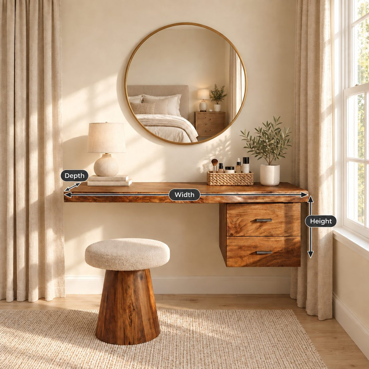 Floating Dressing Table with Two Drawers, Solid Wood Wall-Mounted Makeup Vanity Desk for Bedroom