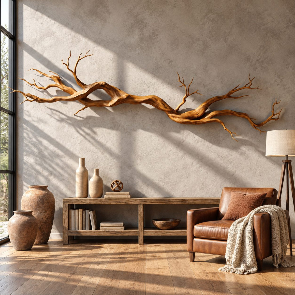 Natural Branch Wall Sculpture, Long Solid Wood Twisted Branch Wall Art for Living Room Above Sofa