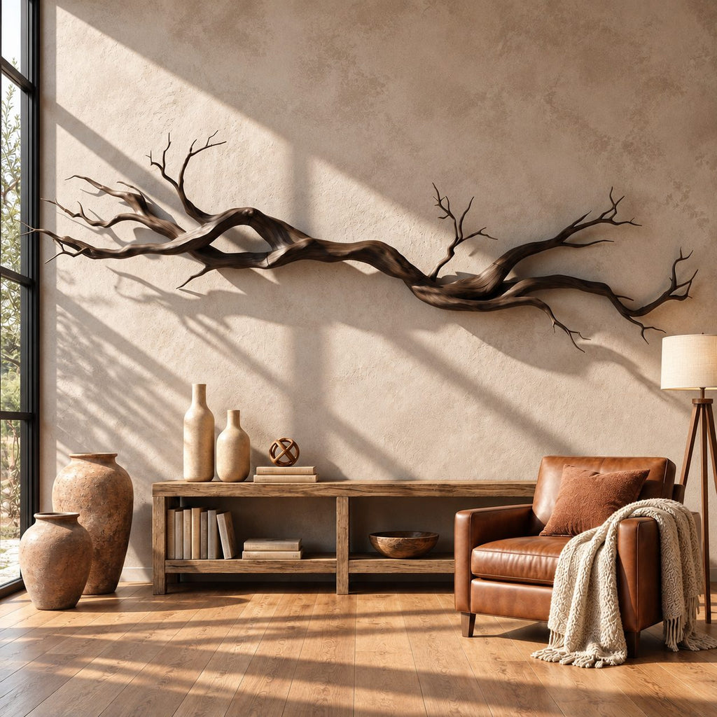 Natural Branch Wall Sculpture, Long Solid Wood Twisted Branch Wall Art for Living Room Above Sofa