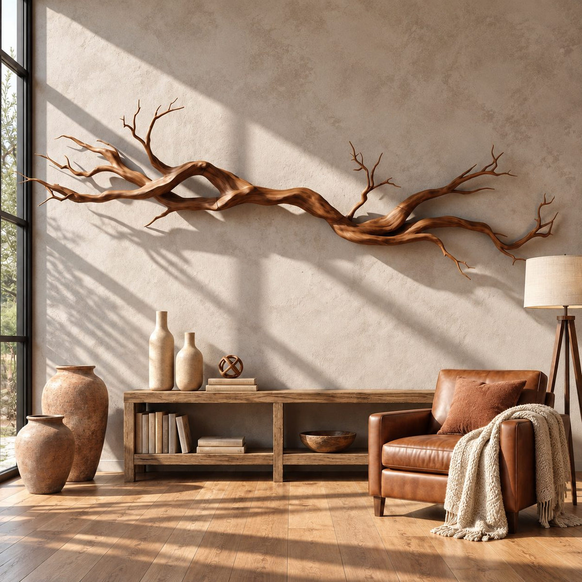 Natural Branch Wall Sculpture, Long Solid Wood Twisted Branch Wall Art for Living Room Above Sofa