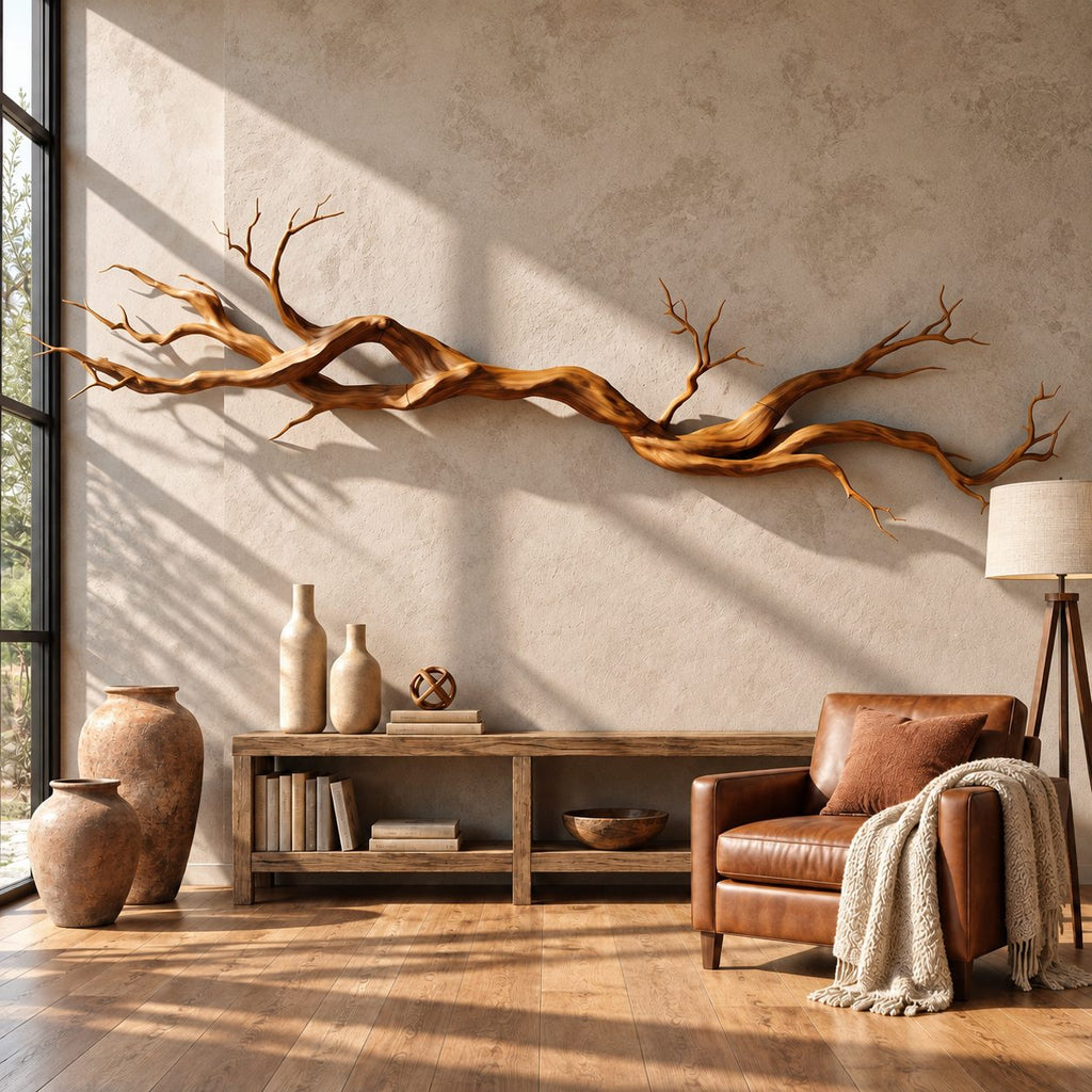 Natural Branch Wall Sculpture, Long Solid Wood Twisted Branch Wall Art for Living Room Above Sofa
