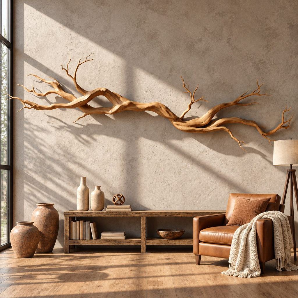Natural Branch Wall Sculpture, Long Solid Wood Twisted Branch Wall Art for Living Room Above Sofa
