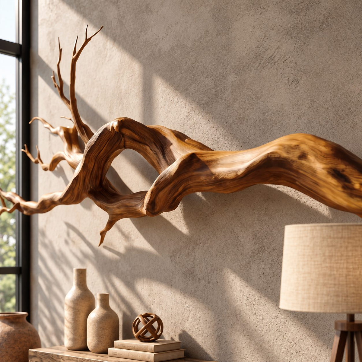 Natural Branch Wall Sculpture, Long Solid Wood Twisted Branch Wall Art for Living Room Above Sofa
