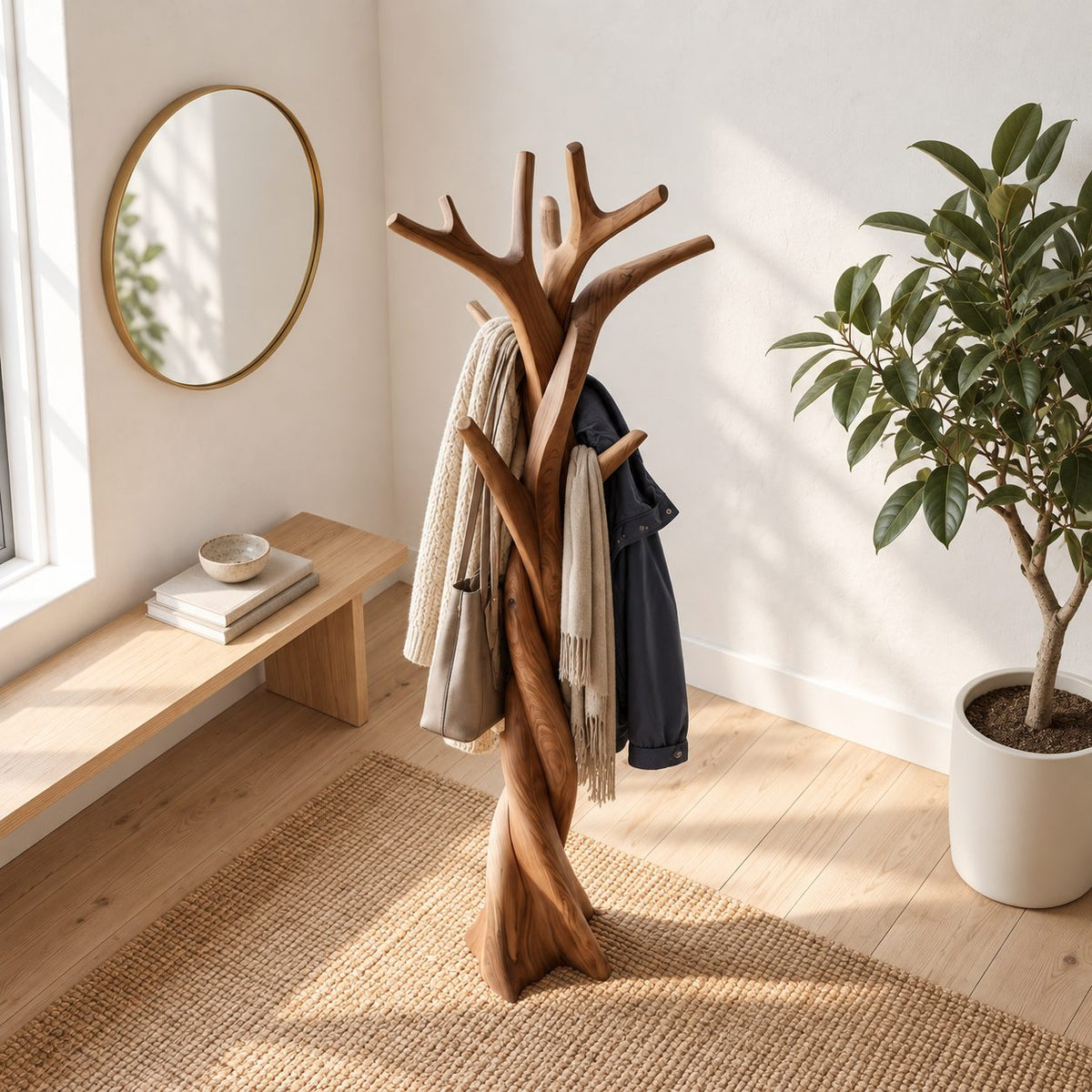Twisted Tree Branch Coat Rack, Freestanding Solid Wood Coat Tree and Hat Stand for Entryway