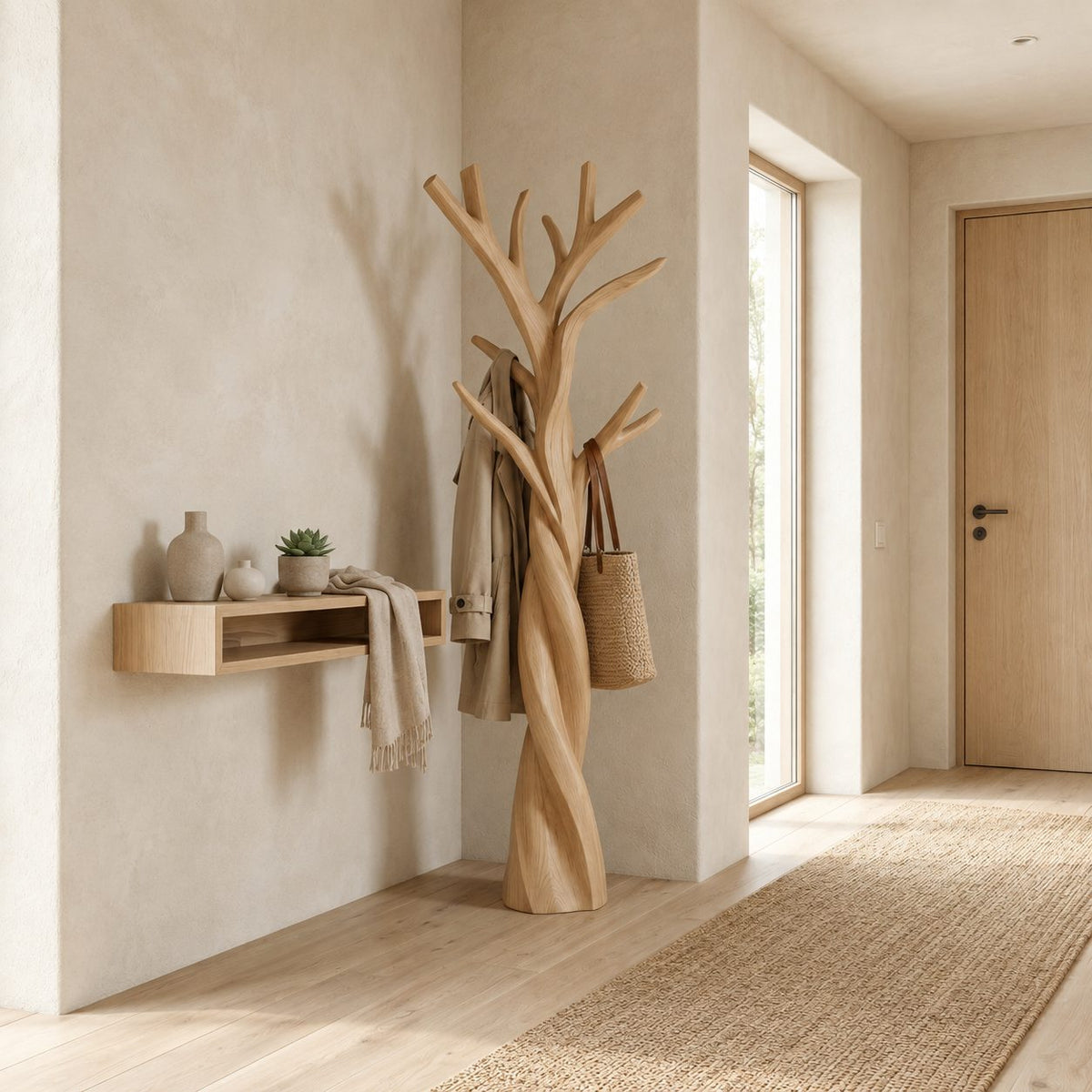 Twisted Tree Branch Coat Rack, Freestanding Solid Wood Coat Tree and Hat Stand for Entryway