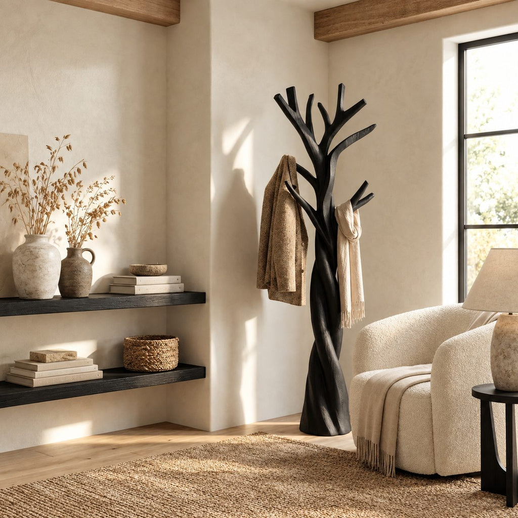 Twisted Tree Branch Coat Rack, Freestanding Solid Wood Coat Tree and Hat Stand for Entryway