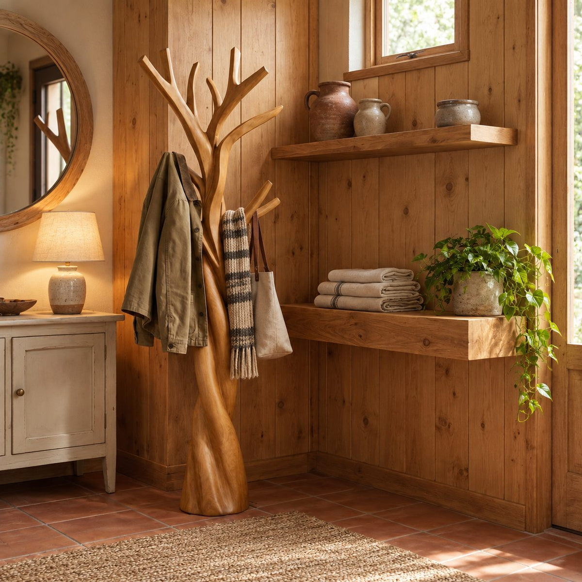 Twisted Tree Branch Coat Rack, Freestanding Solid Wood Coat Tree and Hat Stand for Entryway
