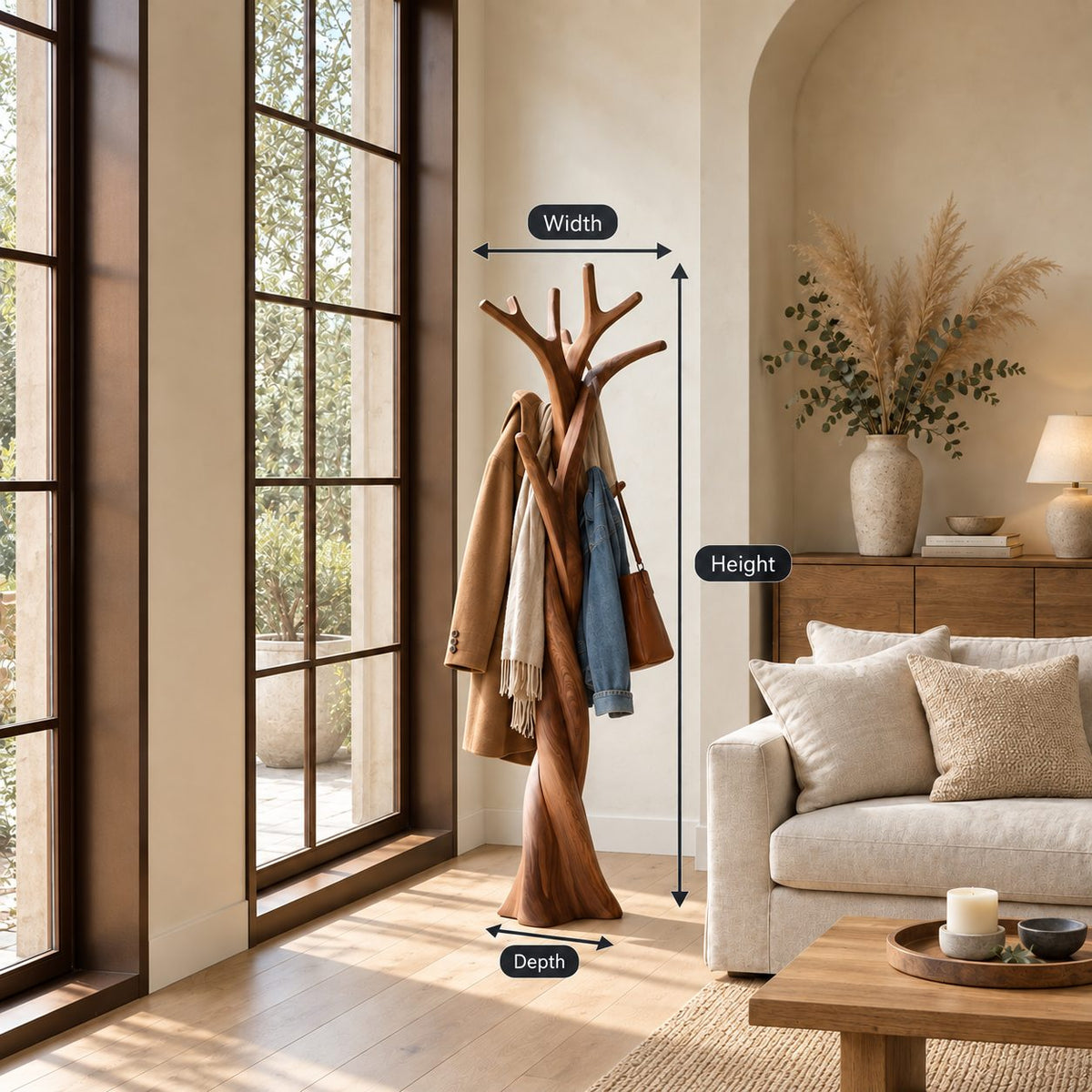 Twisted Tree Branch Coat Rack, Freestanding Solid Wood Coat Tree and Hat Stand for Entryway