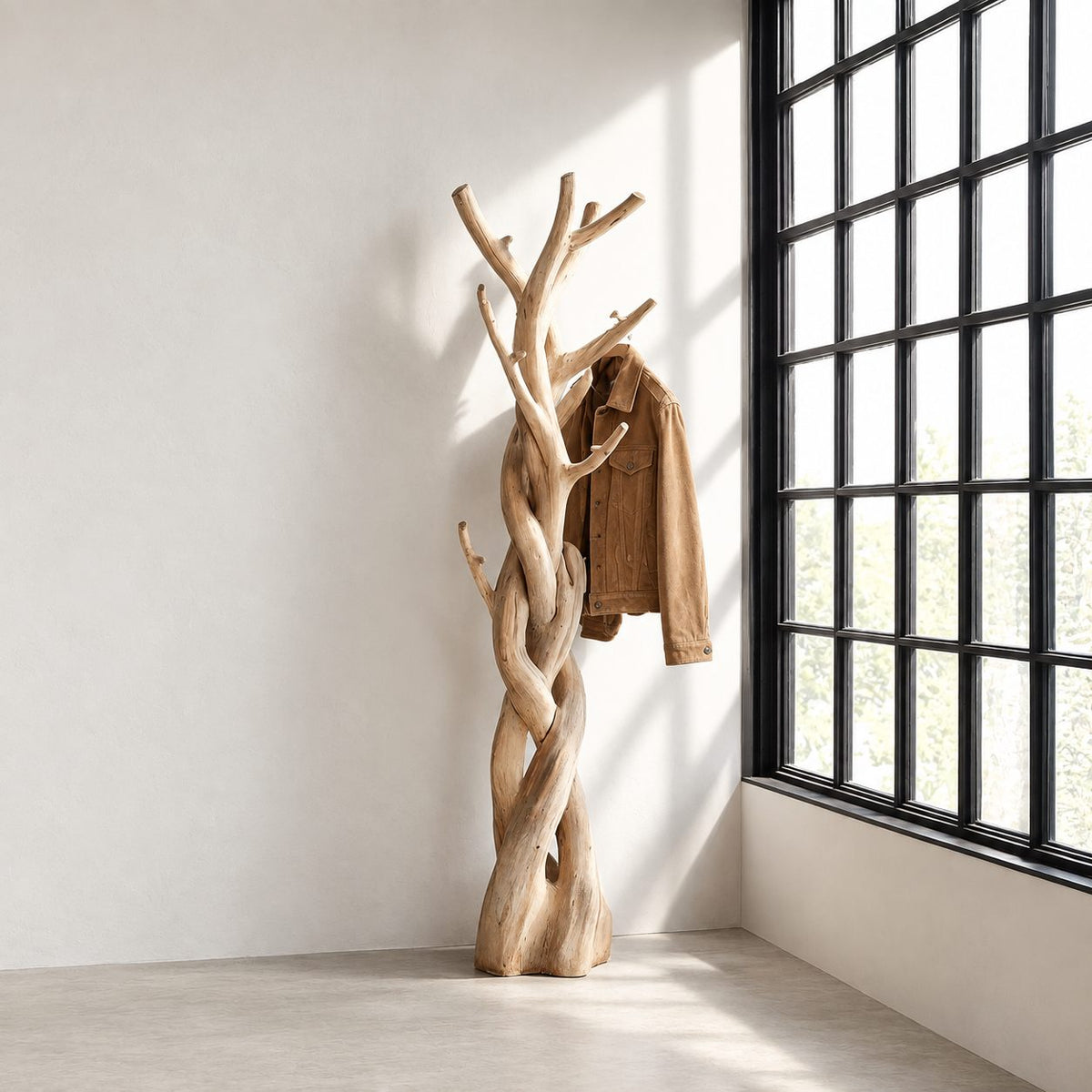 Braided Trunk Tree Coat Rack, Freestanding Solid Wood Coat Stand with Forked Branch Hooks for Bedroom