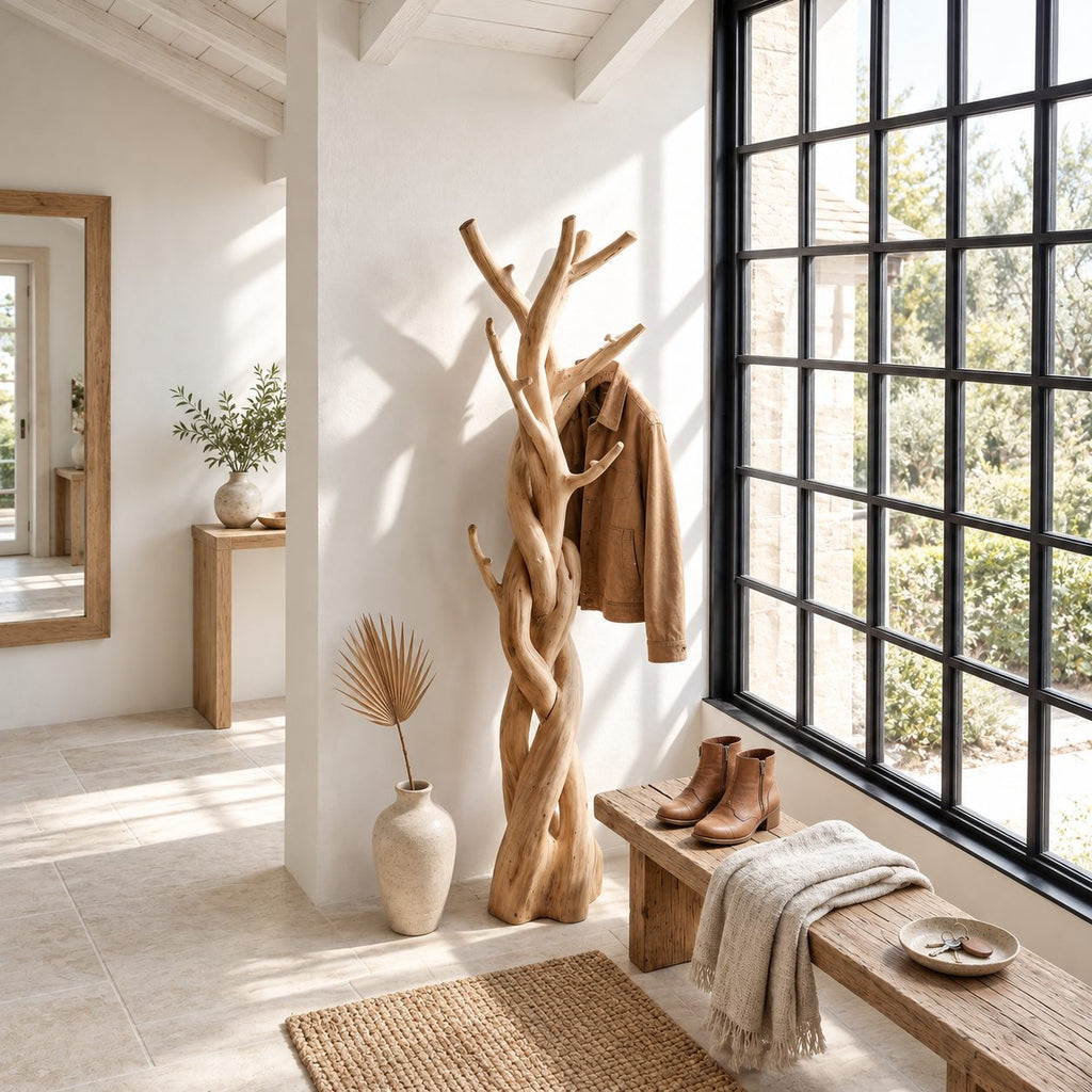 Braided Trunk Tree Coat Rack, Freestanding Solid Wood Coat Stand with Forked Branch Hooks for Bedroom