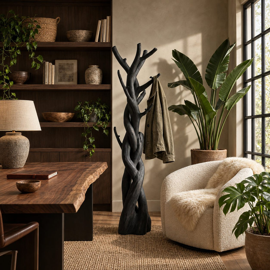 Braided Trunk Tree Coat Rack, Freestanding Solid Wood Coat Stand with Forked Branch Hooks for Bedroom