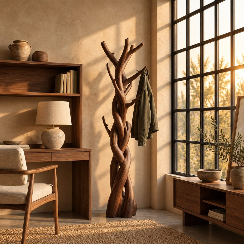 Braided Trunk Tree Coat Rack, Freestanding Solid Wood Coat Stand with Forked Branch Hooks for Bedroom