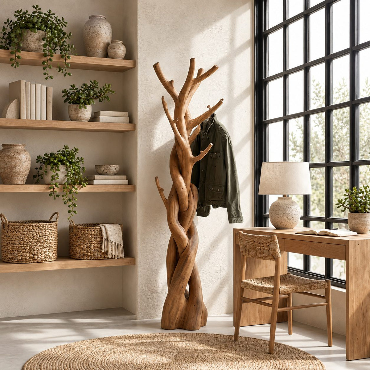 Braided Trunk Tree Coat Rack, Freestanding Solid Wood Coat Stand with Forked Branch Hooks for Bedroom