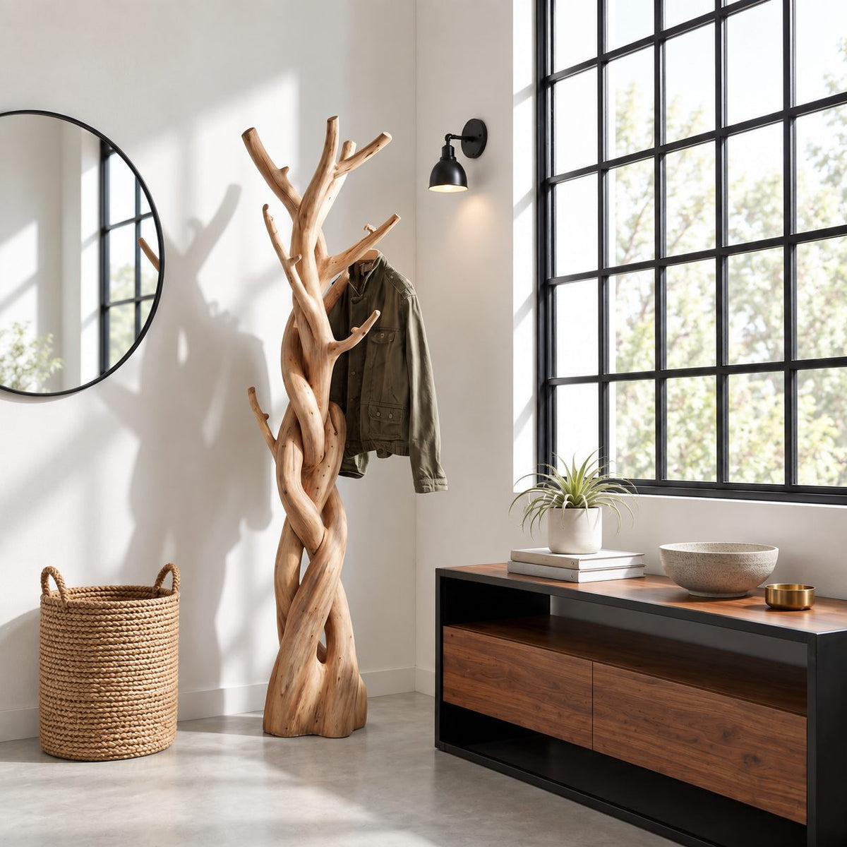 Braided Trunk Tree Coat Rack, Freestanding Solid Wood Coat Stand with Forked Branch Hooks for Bedroom