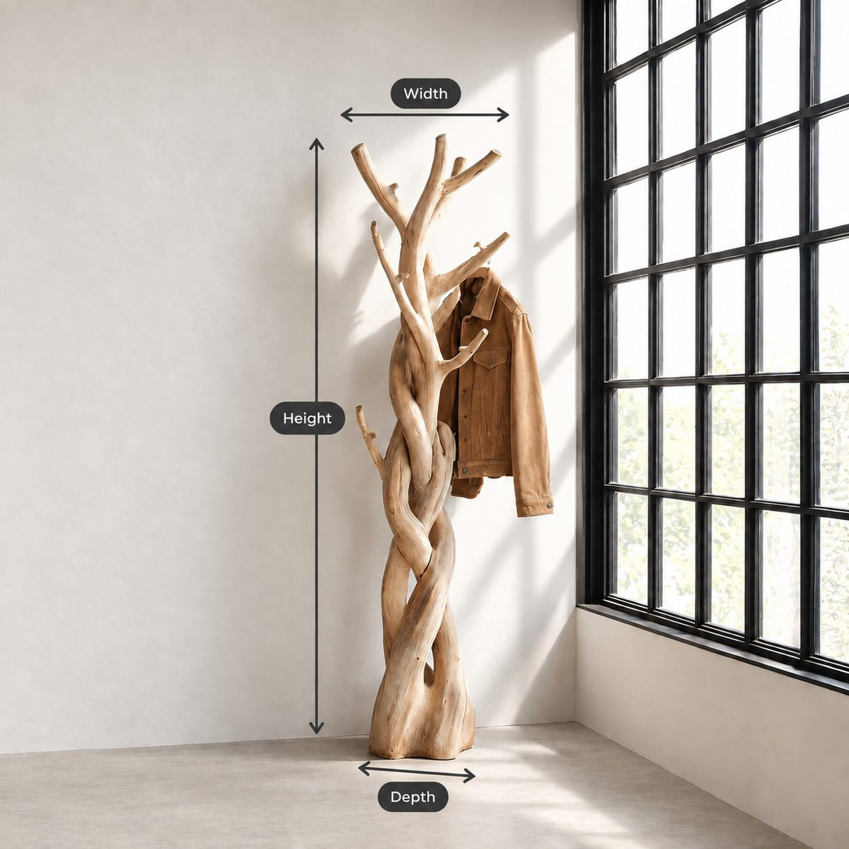 Braided Trunk Tree Coat Rack, Freestanding Solid Wood Coat Stand with Forked Branch Hooks for Bedroom