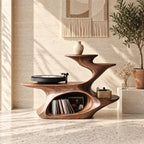 Sculptural Record Player Stand with Vinyl Storage, Carved Solid Wood Turntable Stand with Stepped Tiers