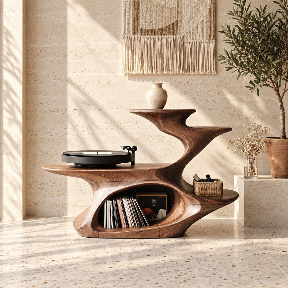 Sculptural Record Player Stand with Vinyl Storage, Carved Solid Wood Turntable Stand with Stepped Tiers