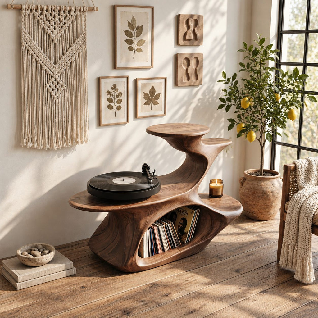 Sculptural Record Player Stand with Vinyl Storage, Carved Solid Wood Turntable Stand with Stepped Tiers