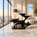Sculptural Record Player Stand with Vinyl Storage, Carved Solid Wood Turntable Stand with Stepped Tiers