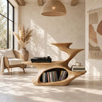 Sculptural Record Player Stand with Vinyl Storage, Carved Solid Wood Turntable Stand with Stepped Tiers