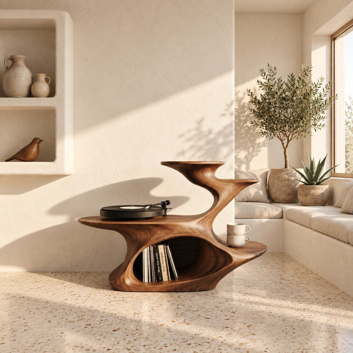 Sculptural Record Player Stand with Vinyl Storage, Carved Solid Wood Turntable Stand with Stepped Tiers
