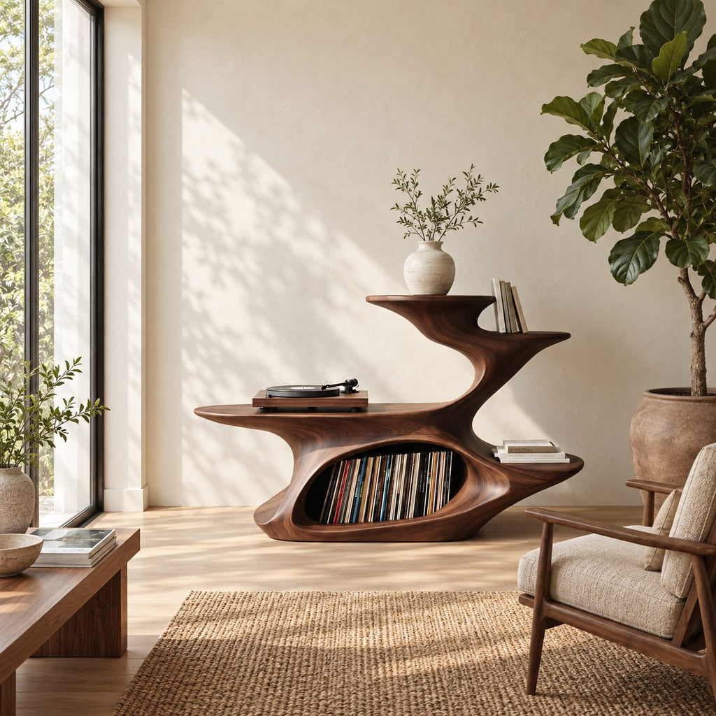 Sculptural Record Player Stand with Vinyl Storage, Carved Solid Wood Turntable Stand with Stepped Tiers