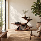 Sculptural Record Player Stand with Vinyl Storage, Carved Solid Wood Turntable Stand with Stepped Tiers