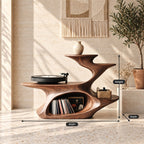 Sculptural Record Player Stand with Vinyl Storage, Carved Solid Wood Turntable Stand with Stepped Tiers
