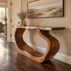 Live Edge Console Table with Curved Waterfall Loop Base, Sculptural Solid Wood Entryway Table