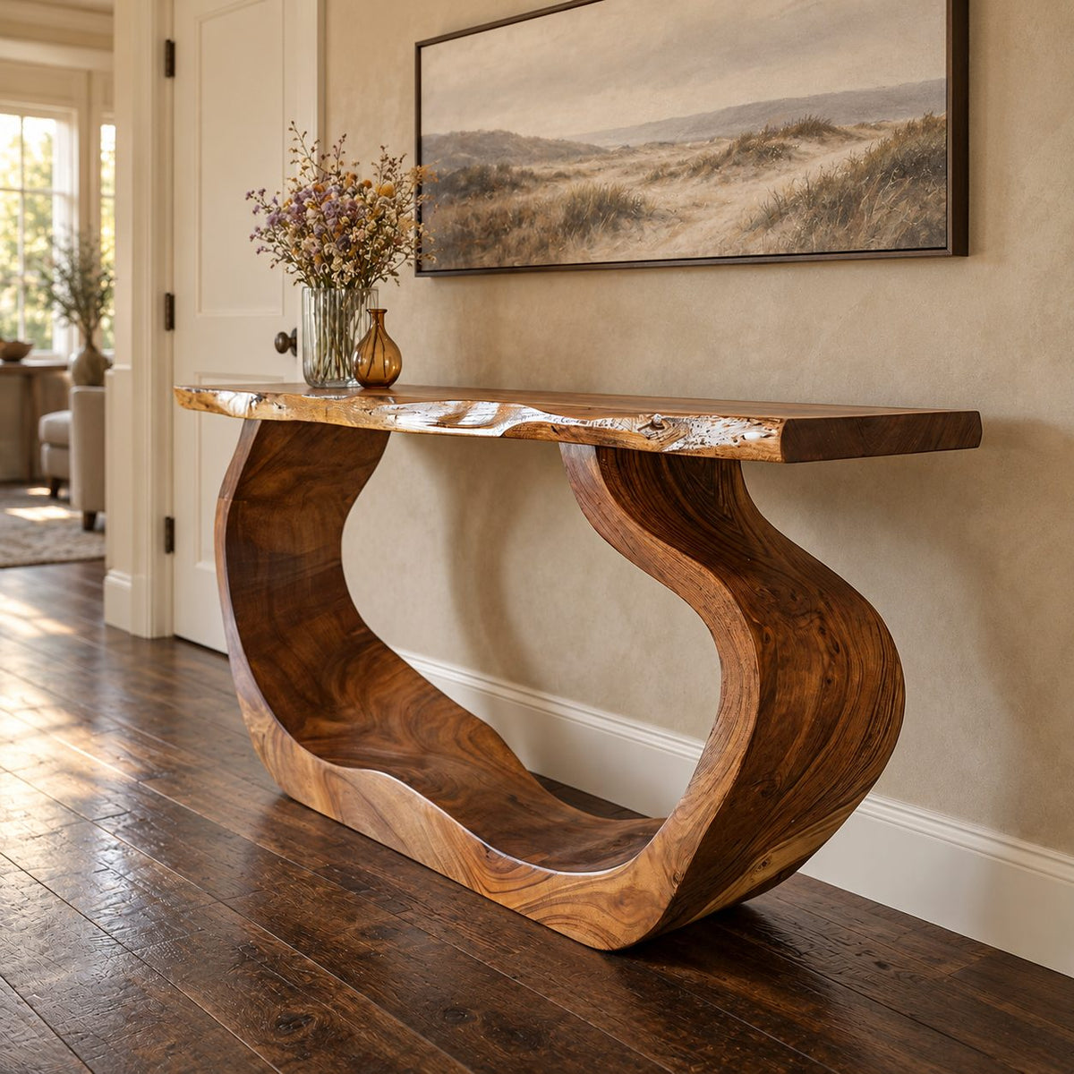 Live Edge Console Table with Curved Waterfall Loop Base, Sculptural Solid Wood Entryway Table