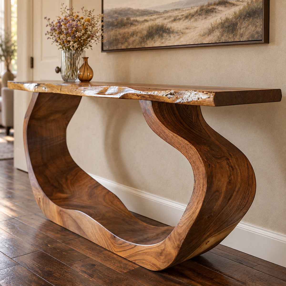 Live Edge Console Table with Curved Waterfall Loop Base, Sculptural Solid Wood Entryway Table