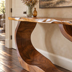 Live Edge Console Table with Curved Waterfall Loop Base, Sculptural Solid Wood Entryway Table