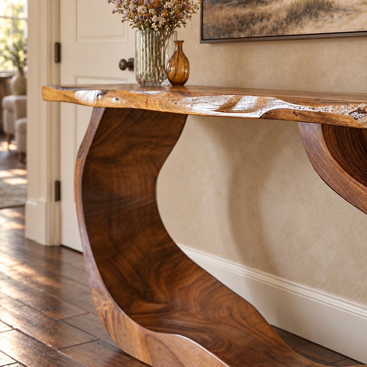 Live Edge Console Table with Curved Waterfall Loop Base, Sculptural Solid Wood Entryway Table